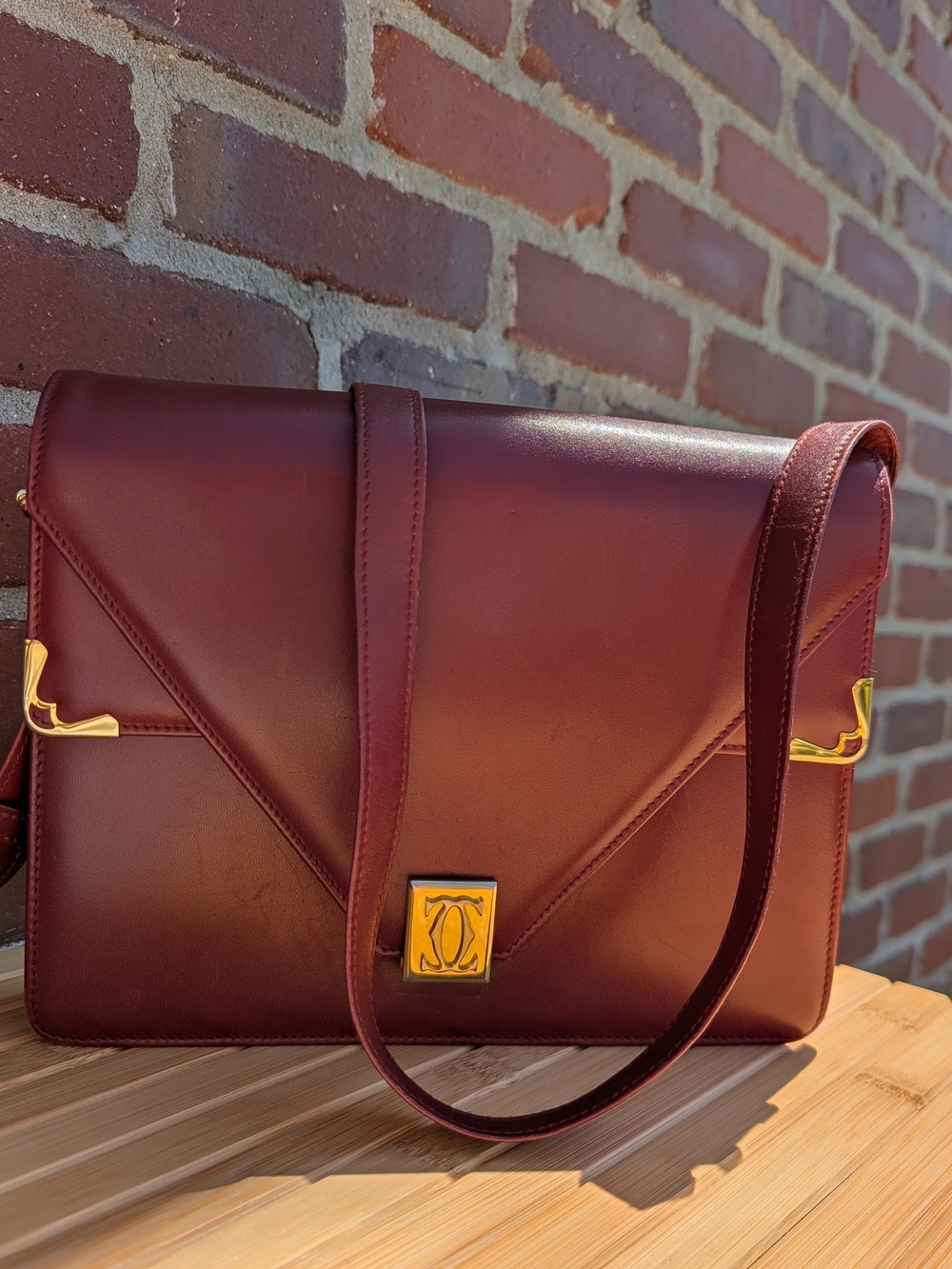 Vintage Must de Cartier Burgundy Leather Envelope Shoulder Bag